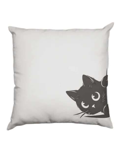 little black cat looking shy on a white pillowcase
