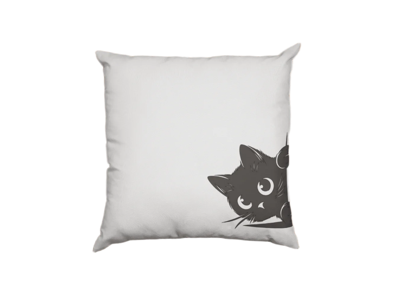 little black cat looking shy on a white pillowcase