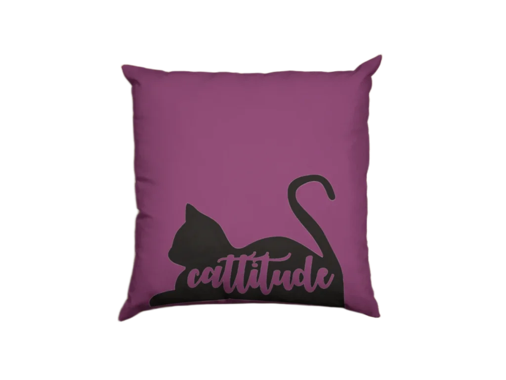 purple pillowcase featuring black cat with cattitude lettering