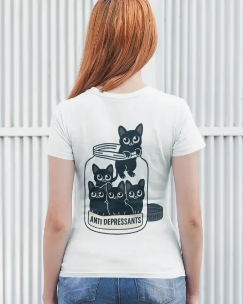 model wearing white t-shirt with cat anti depressants design