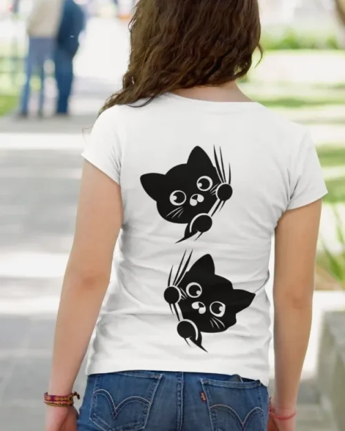 model wearing white t-shirt with black cat fun design