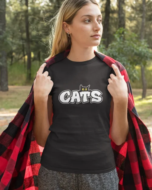 model wearing black t-shirt with black cat fun design