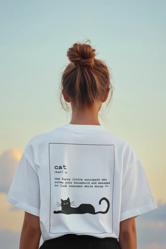 model wearing white t-shirt with black cat fun design