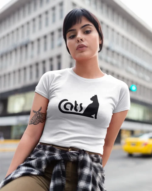 model wearing white t-shirt with black cat fun design