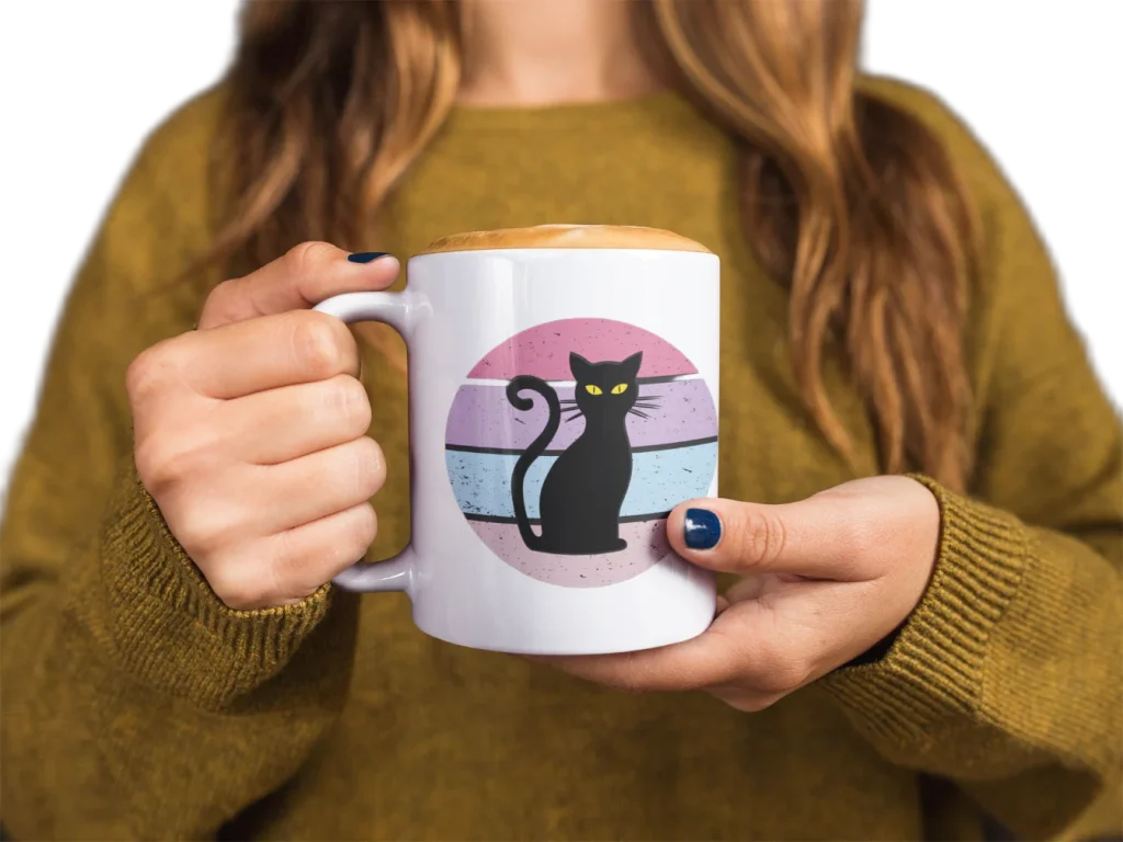 model holding white ceramic mug with void cat design