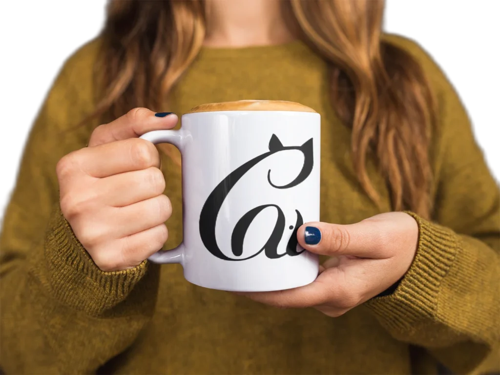 model holding white ceramic mug with void cat design