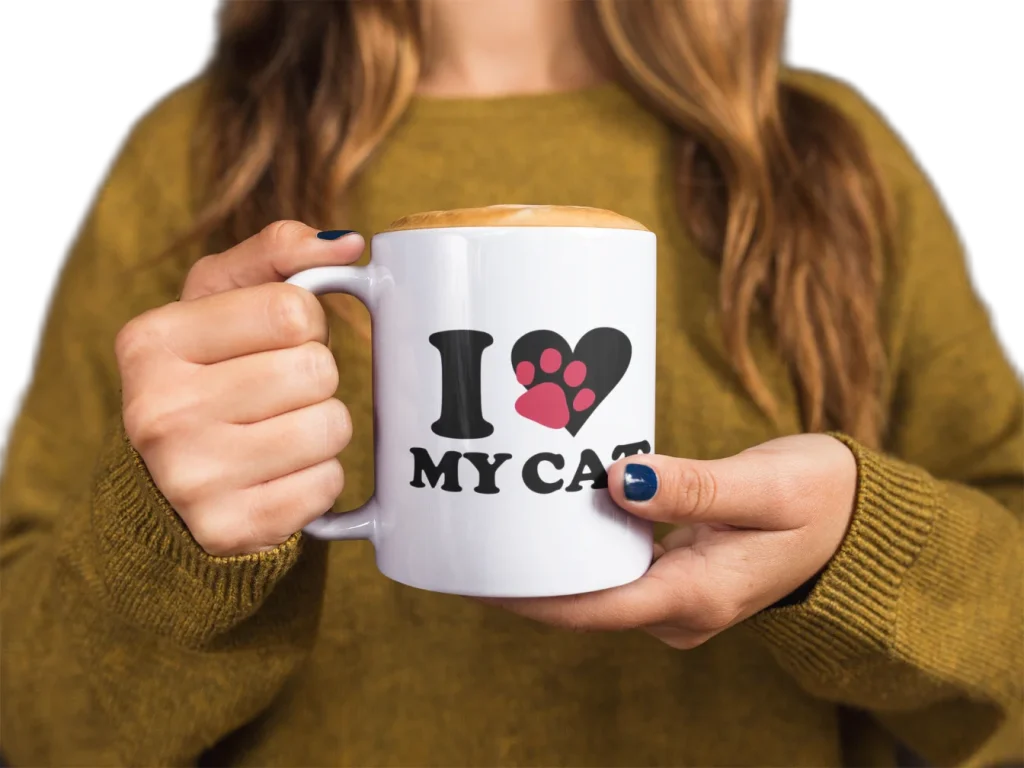 model holding white ceramic mug with void cat design