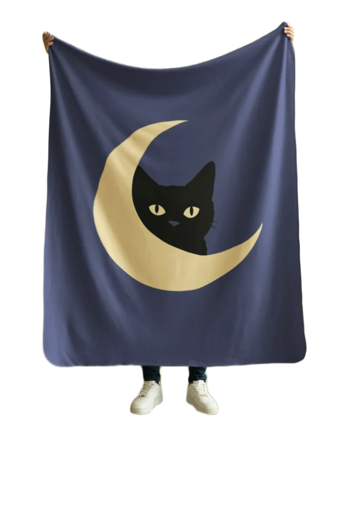 man holding blue blanket with void cat design
