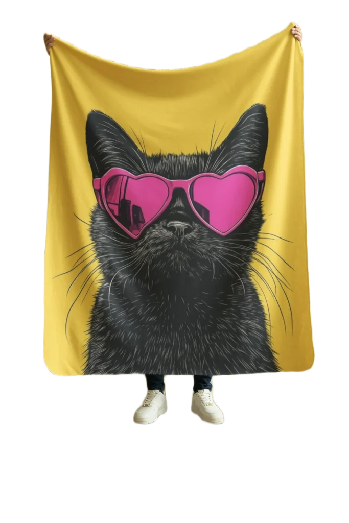 man holding yellow blanket with void cat design