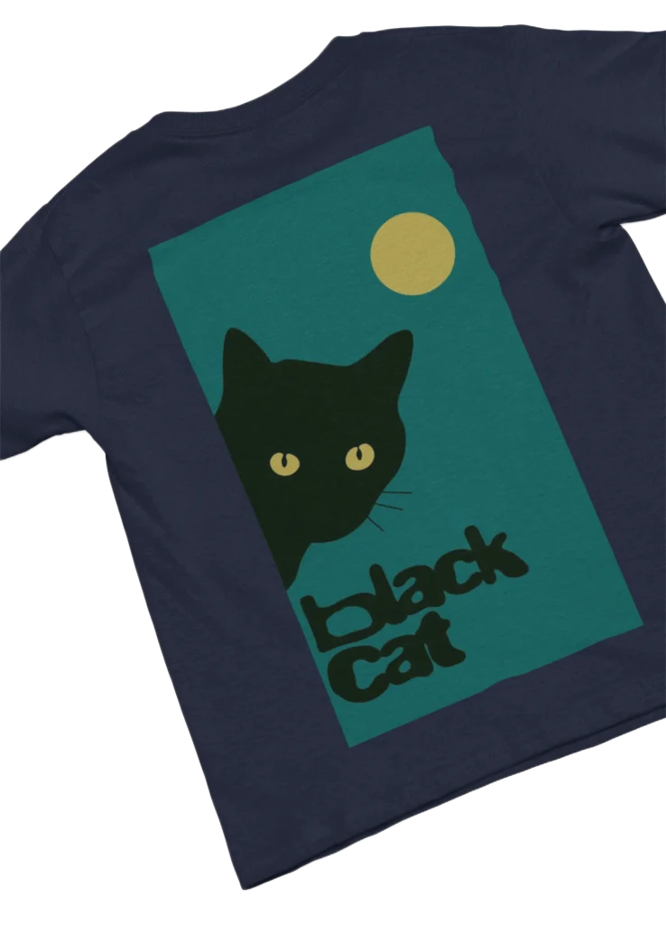 blue t-shirt with black cat fun design