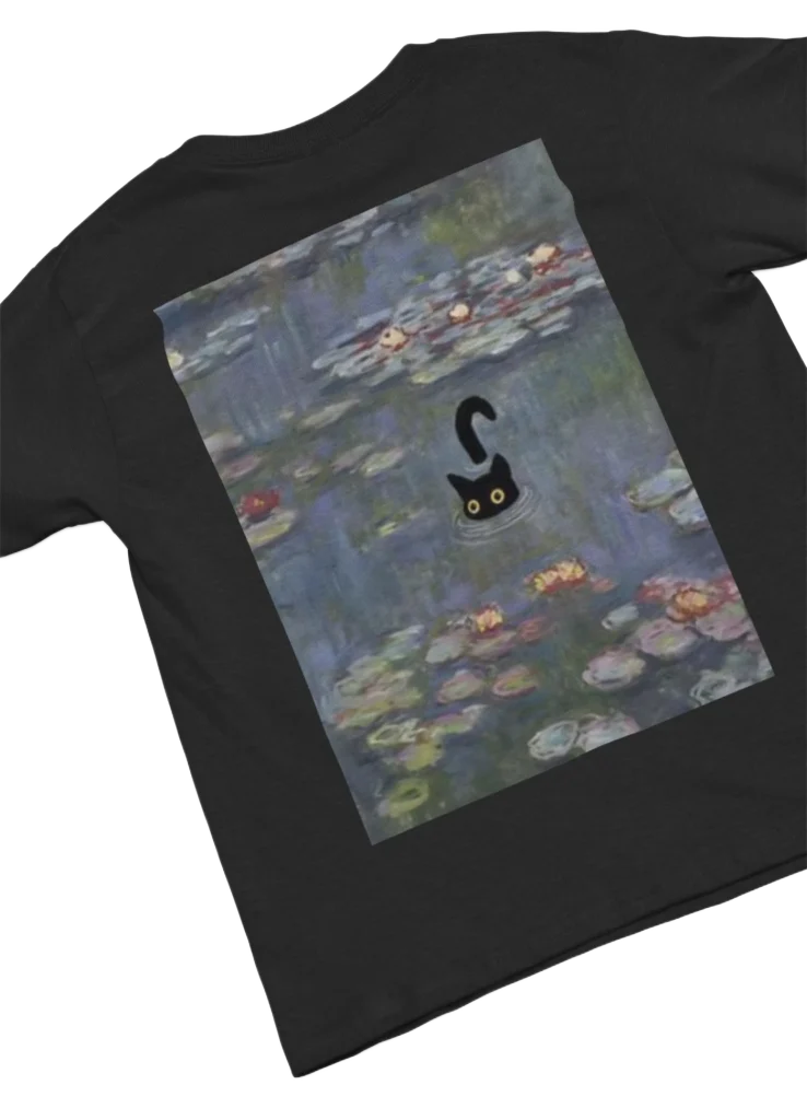black t-shirt with black cat fun design