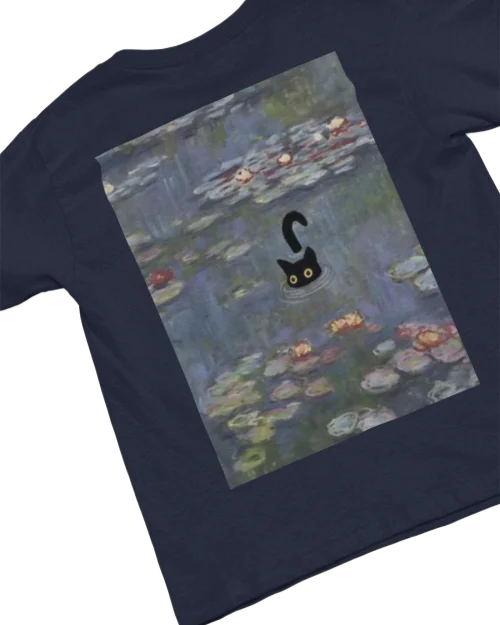 blue t-shirt with black cat fun design