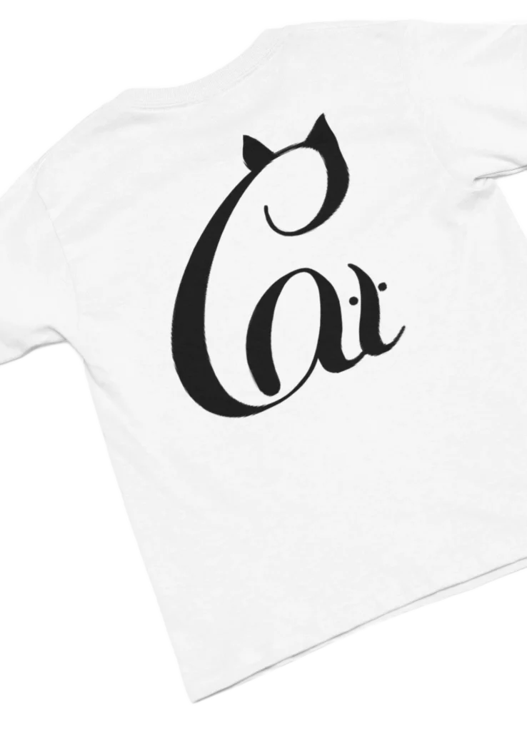 white t-shirt with black cat fun design