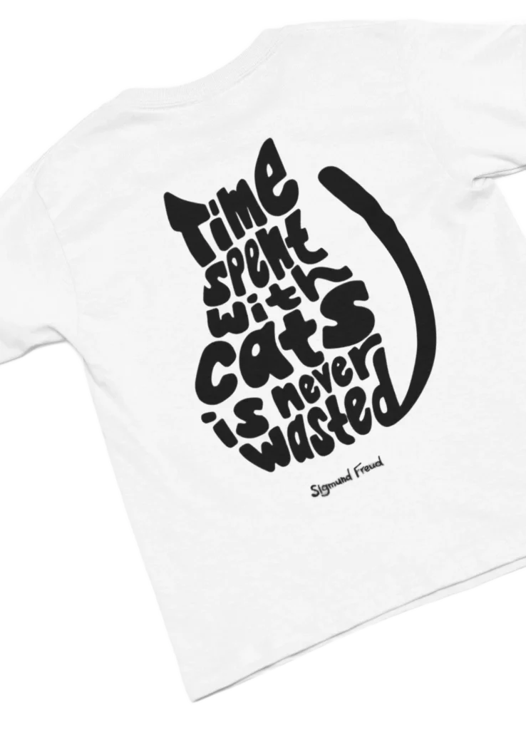 white t-shirt with black cat fun design