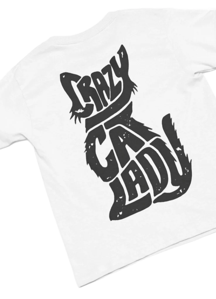 white t-shirt with black cat fun design